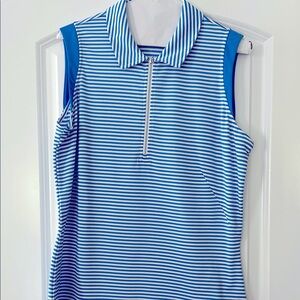Blue and White Fitted Sleeveless Polo Top